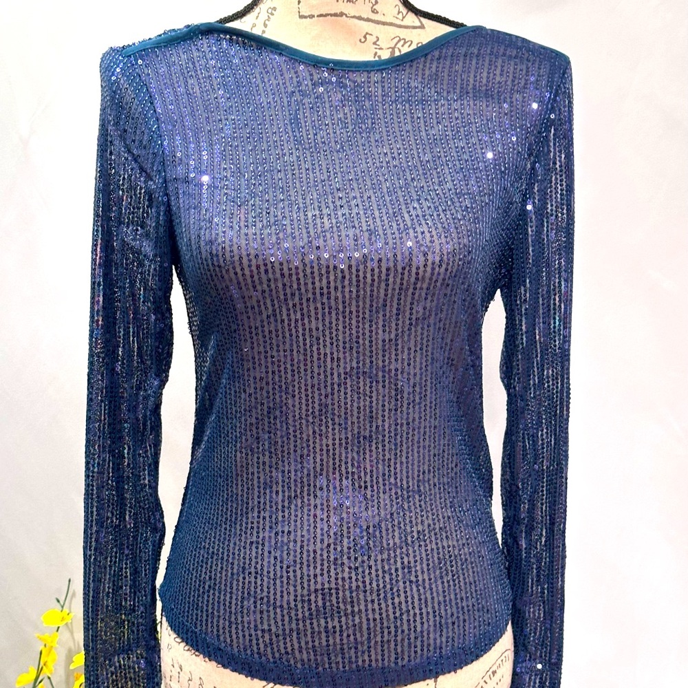 Free People Unapologetic Sequin Long Sleeve Varsity Navy Multiple Sizes - Picture 5 of 8